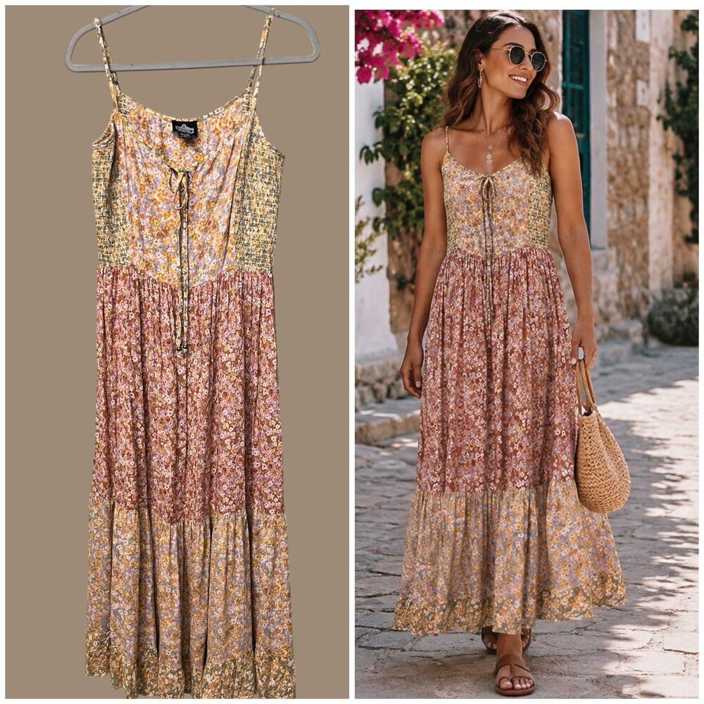 Angie Ditsy Floral Patchwork Maxi Dress L Multicolor Smocked Tiered Cottagecore